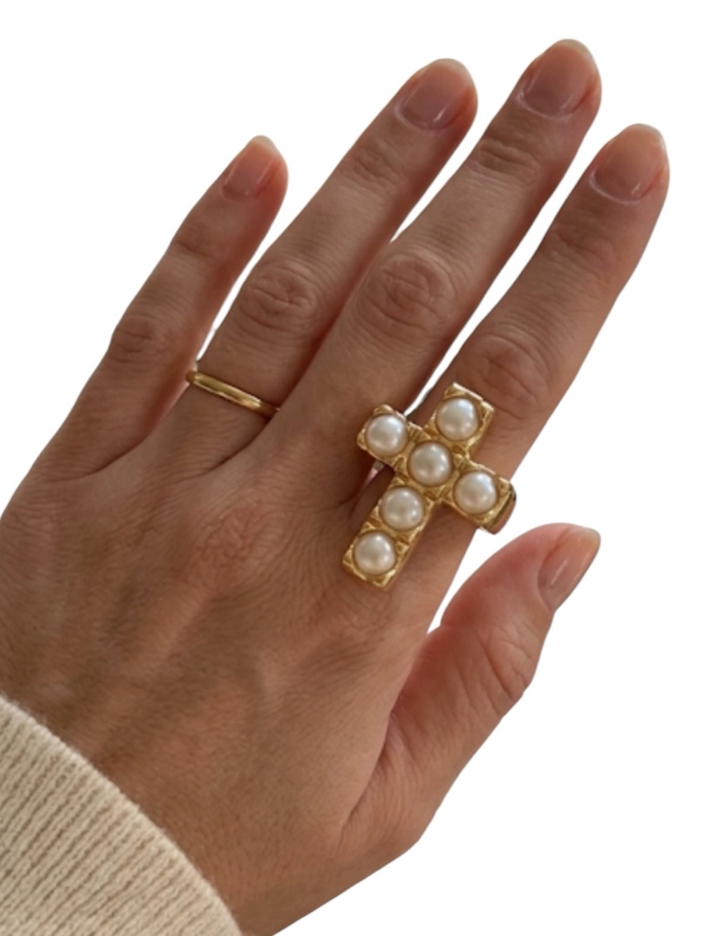 RLM Robert Lee Morris Goldtone Mother of Pearl Cross Ring Statement Size 8
Z